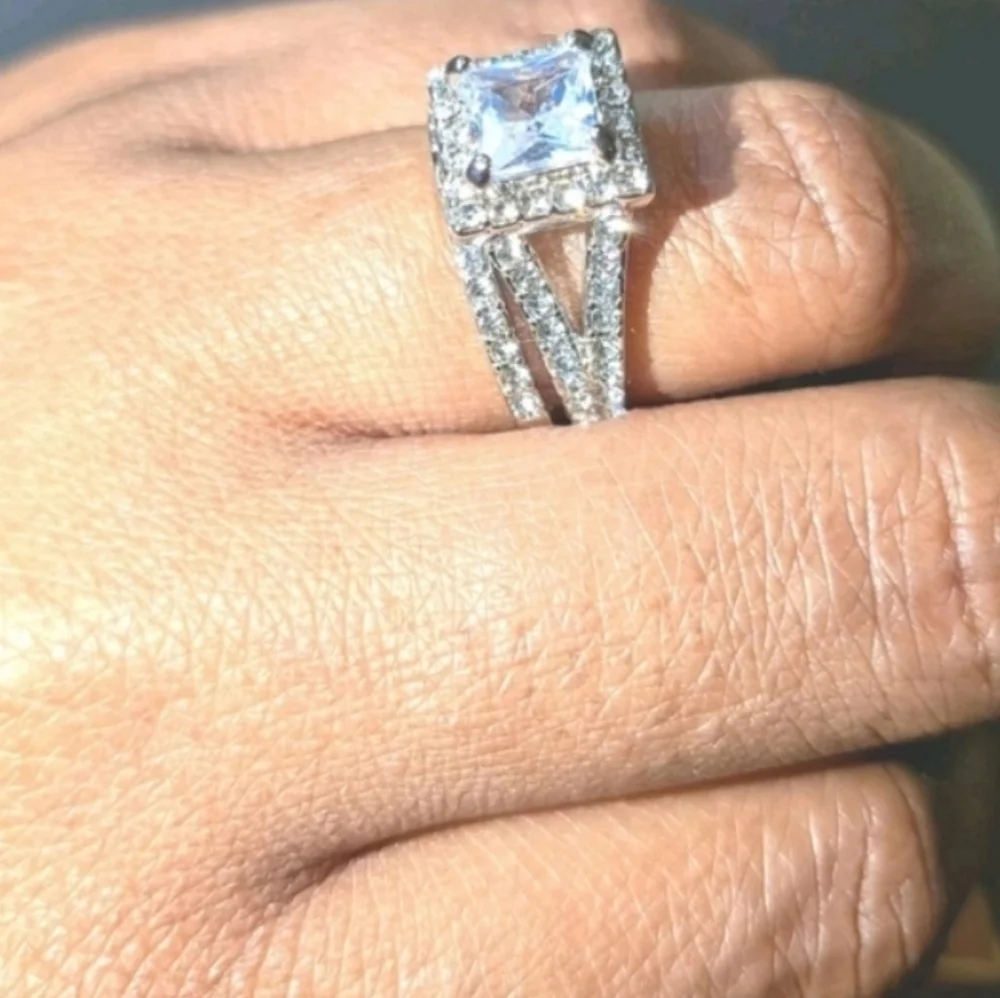 Womens 5ct Princess Cut Lab Created Diamond Halo Trio Wedding Ring Sz 7.5